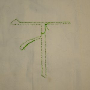 Beispiel f&uuml;r Spaltstich: Das Kanji f&uuml;r unten. Vorlage in Pinselschrift, R&uuml;ckseite.