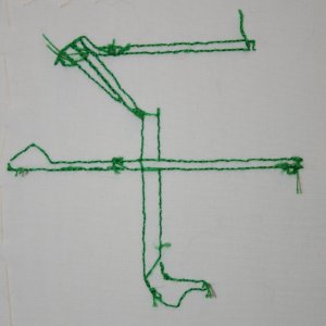 Beispiel f&uuml;r Zackenstich: Das Kanji f&uuml;r Kind. Vorlage in Pinselschrift, R&uuml;ckseite.