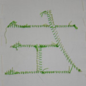 Beispiel f&uuml;r Languettenstich: Das Kanji f&uuml;r Links. Vorlage in Pinselschrift, R&uuml;ckseite.